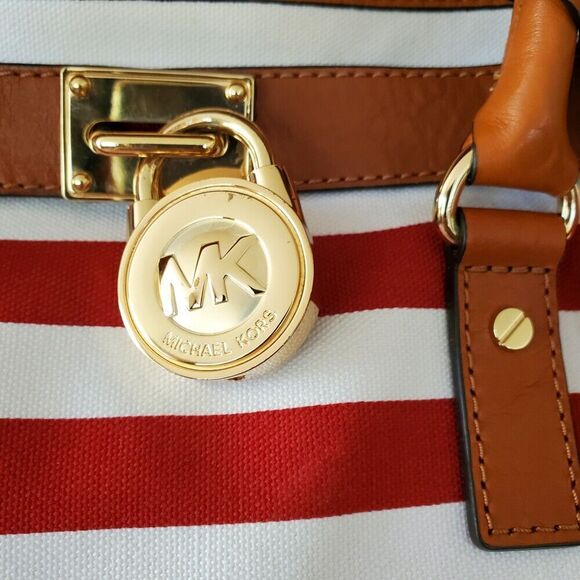 Michael Kors Hamilton Large Leather Canvas Tote Shoulder Bag Red White Striped - Picture 6 of 9